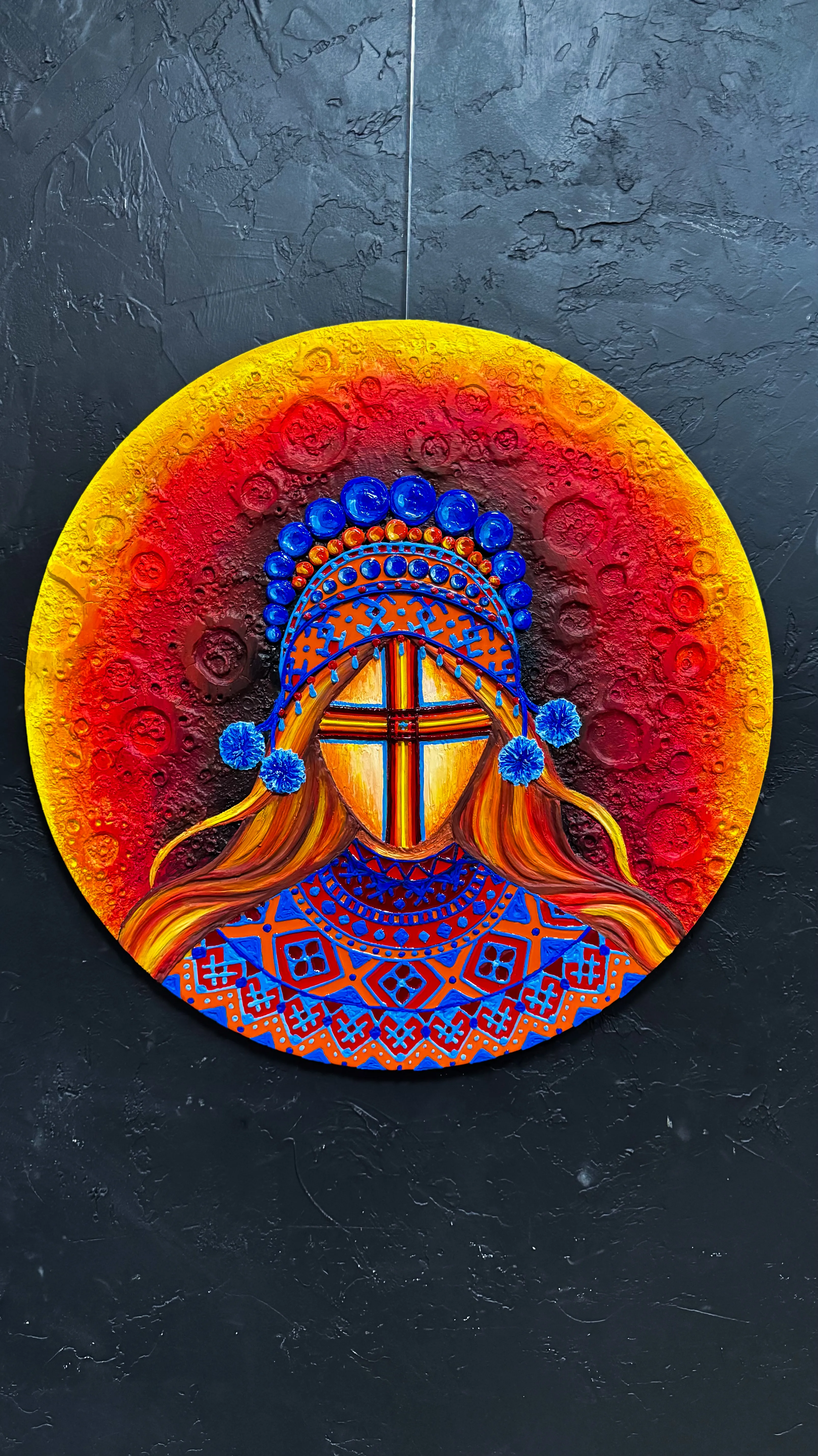 Image of Ніч нескорених by Kateryna Zubik, size: 70 см круг , made of Мдф, текстурна паста, епоксидна смола, акрил, Mixed media medium, from Україна, Львів, part of the Мотанка series Photo 1 of 5.