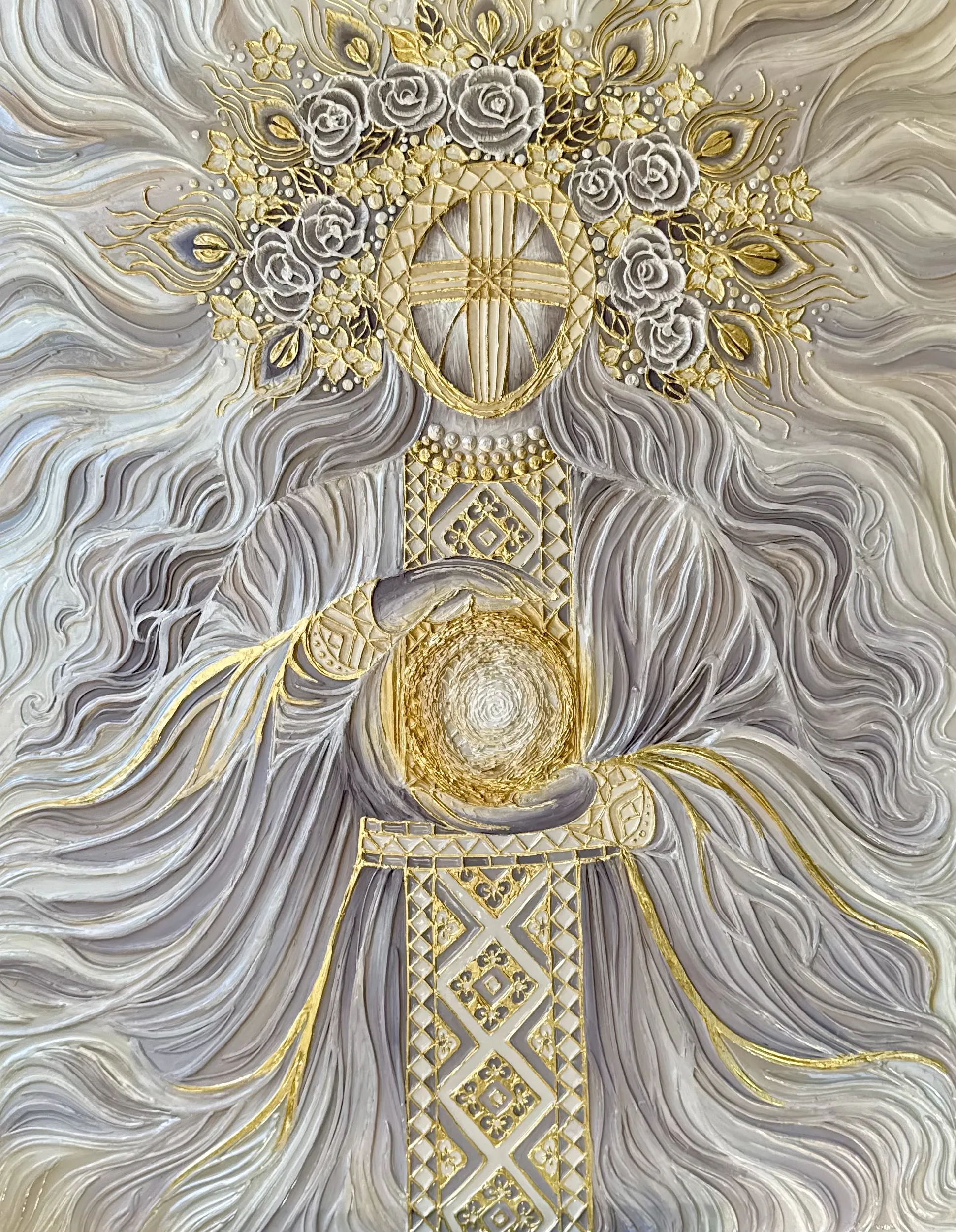 Image of Світло крізь грозу  by Kateryna Zubik, size: 110х140 см , made of Мдф, текстурна паста, епоксидна смола, акрил, поталь, Mixed media medium, from Украіна, Львів, part of the Мотанка series Photo 1 of 16.