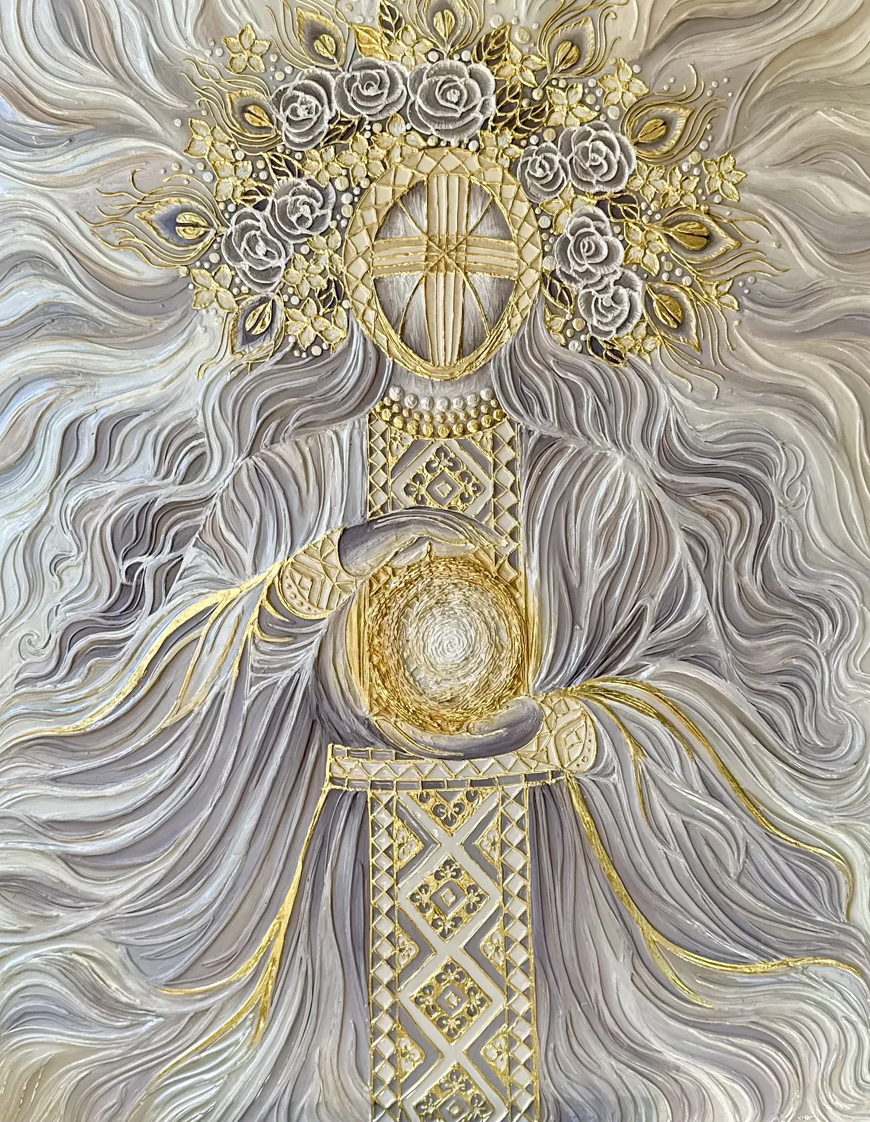 Image of Світло крізь грозу  by Kateryna Zubik, size: 110х140 см , made of Мдф, текстурна паста, епоксидна смола, акрил, поталь, Mixed media medium, from Украіна, Львів, part of the Мотанка series Photo 1 of 16.