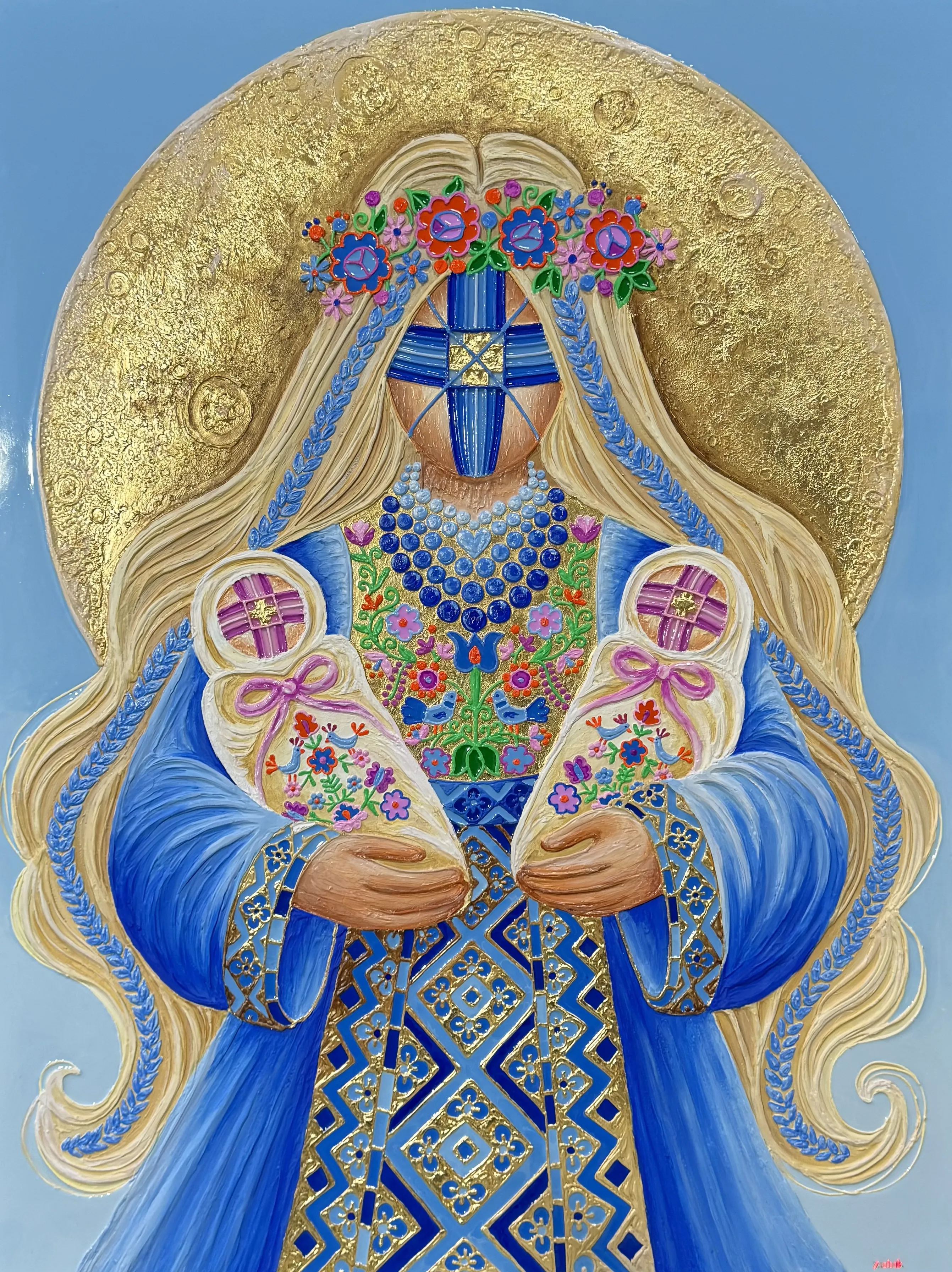 Image of Щастя by Kateryna Zubik, size: 95х125 см , made of Мдф, текстурна паста, епоксидна смола, акрил, поталь, Mixed media medium, from Україна, Львів, part of the Мотанка series Photo 1 of 18.