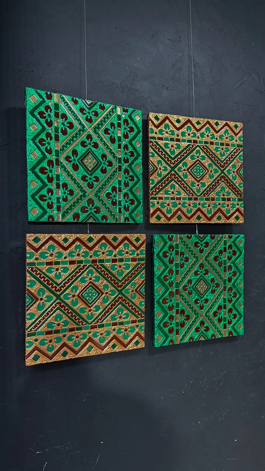Image of Серце Карпат( квадриптих ) by Kateryna Zubik, size: 100x100, made of Мдф, текстурна паста, епоксидна смола, акрил, поталь, Mixed media medium, from Україна, Львів, part of the Файні гени вишиванка series Photo 2 of 9.