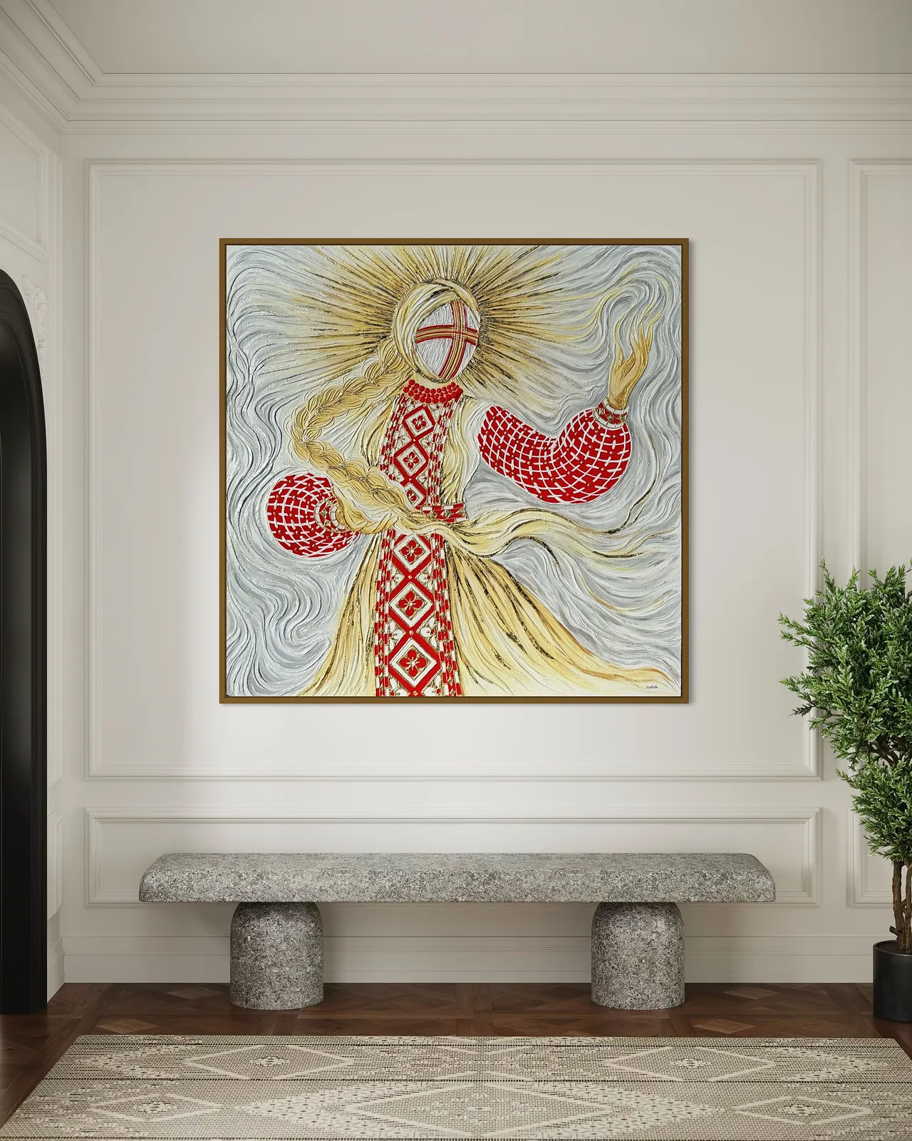 Image of Сонячна мотанка  by Kateryna Zubik, size: 150х150 см, made of Мдф, текстурна паста, епоксидна смола, акрил, поталь, Mixed media medium, from Україна, Львів, part of the Мотанка series Photo 6 of 7.