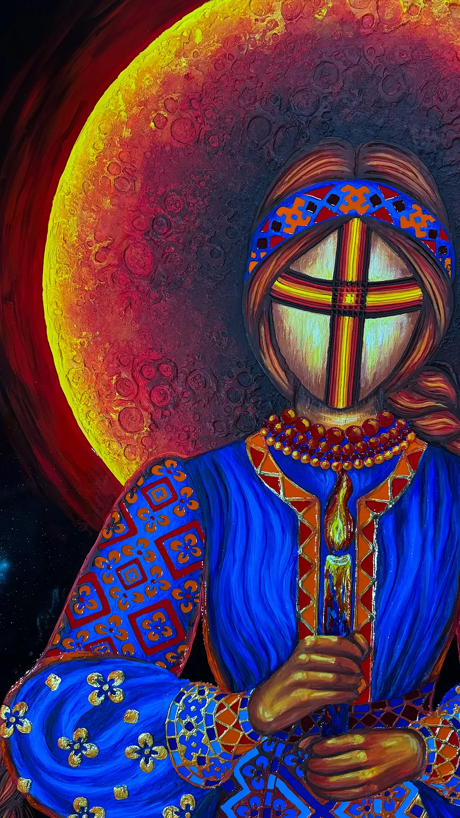 Image of Блекаут by Kateryna Zubik, size: 130х200см , made of Мдф, текстурна паста, епоксидна смола, акрил, поталь, Mixed media medium, from Україна, Львів, part of the Мотанка series Photo 4 of 10.