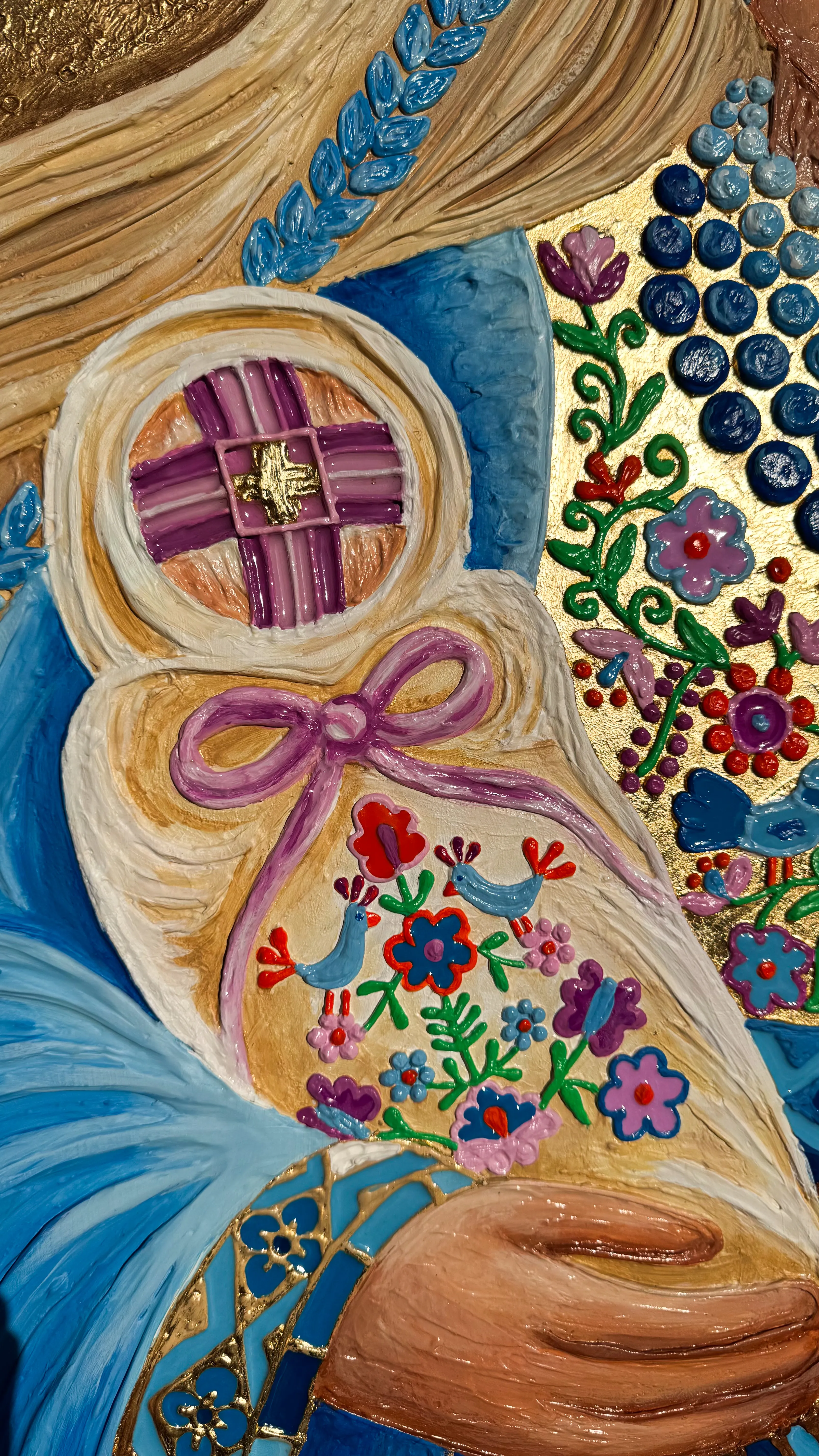 Image of Щастя by Kateryna Zubik, size: 95х125 см , made of Мдф, текстурна паста, епоксидна смола, акрил, поталь, Mixed media medium, from Україна, Львів, part of the Мотанка series Photo 14 of 18.