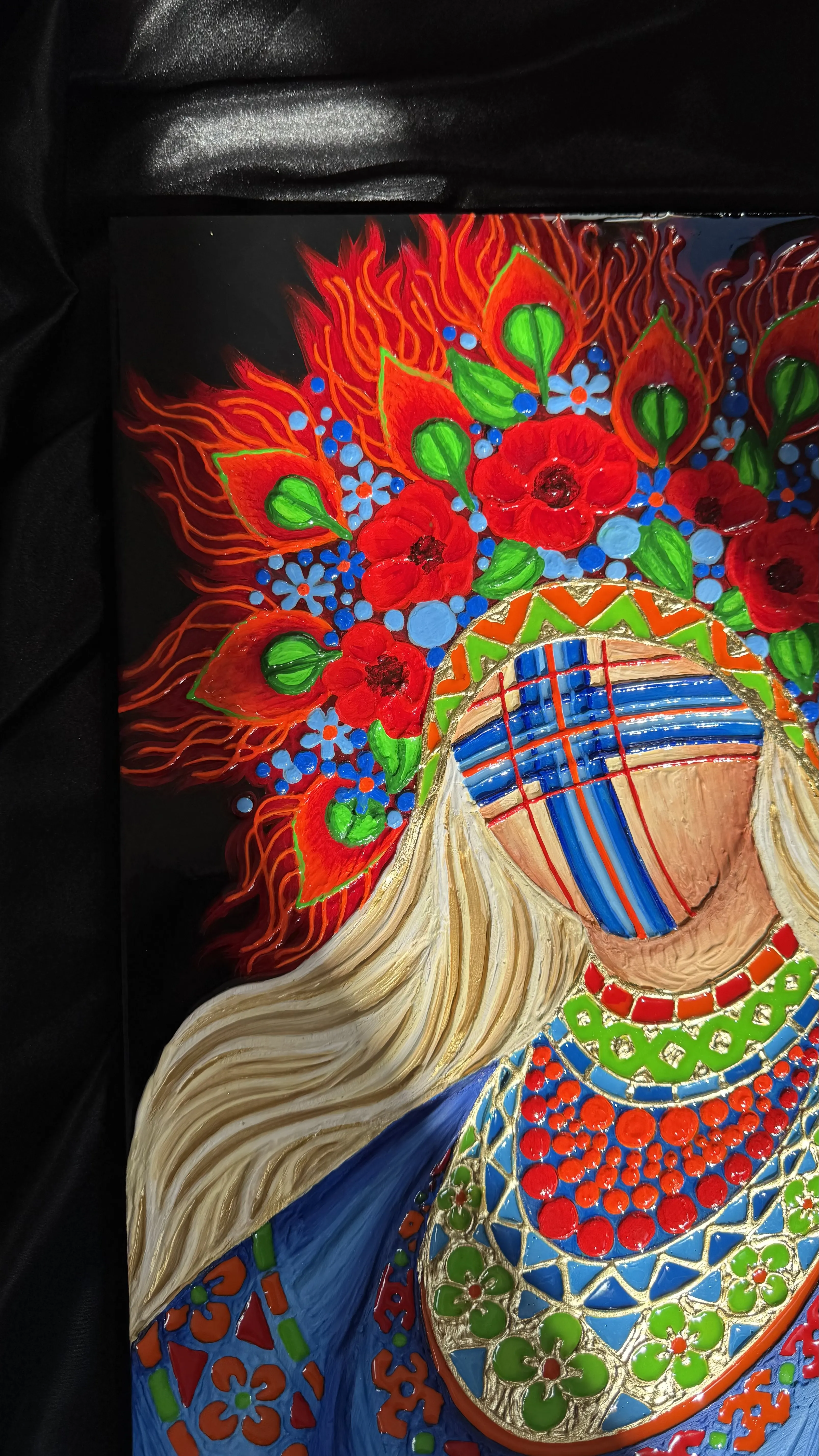 Image of Цвіт вогню  by Kateryna Zubik, size: 40х60 см , made of Мдф, текстурна паста, епоксидна смола, акрил, поталь, Mixed media medium, from Україна, Львів, part of the Мотанка series Photo 2 of 7.