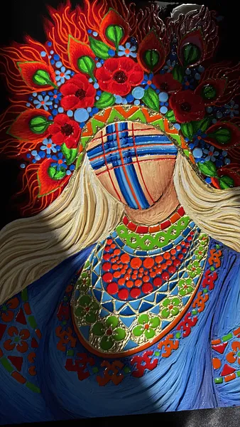 Зображення "Цвіт вогню " від Катерина Зубік, розмір: 40х60 см , матеріали: Мдф, текстурна паста, епоксидна смола, акрил, поталь, медіум: Мішана техніка, місто: Україна, Львів, серія: Мотанка Фото 6 з 7.