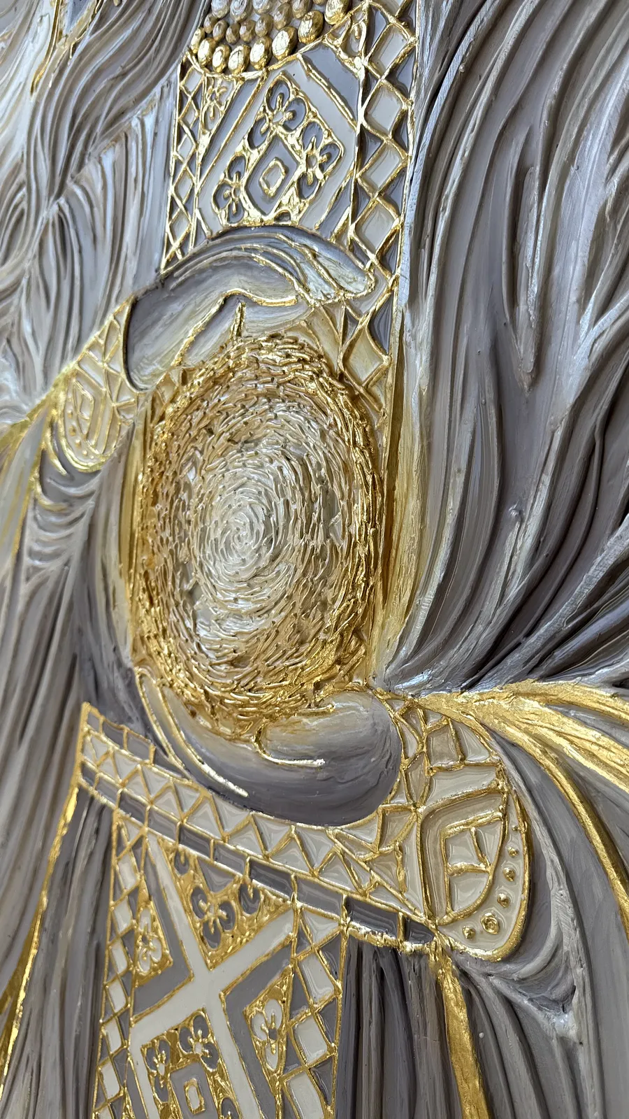 Image of Світло крізь грозу  by Kateryna Zubik, size: 110х140 см , made of Мдф, текстурна паста, епоксидна смола, акрил, поталь, Mixed media medium, from Украіна, Львів, part of the Мотанка series Photo 6 of 16.