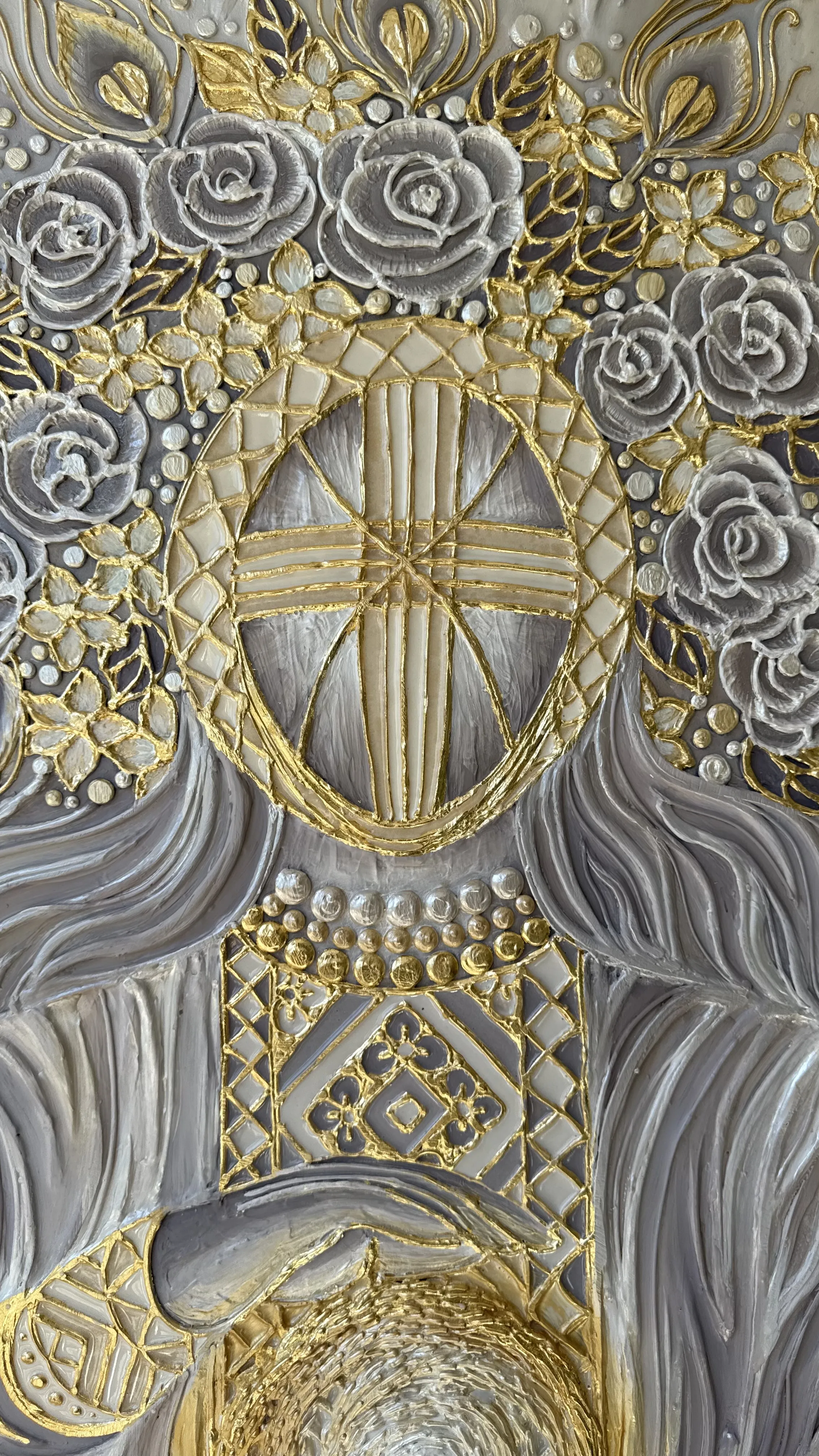 Image of Світло крізь грозу  by Kateryna Zubik, size: 110х140 см , made of Мдф, текстурна паста, епоксидна смола, акрил, поталь, Mixed media medium, from Украіна, Львів, part of the Мотанка series Photo 9 of 16.
