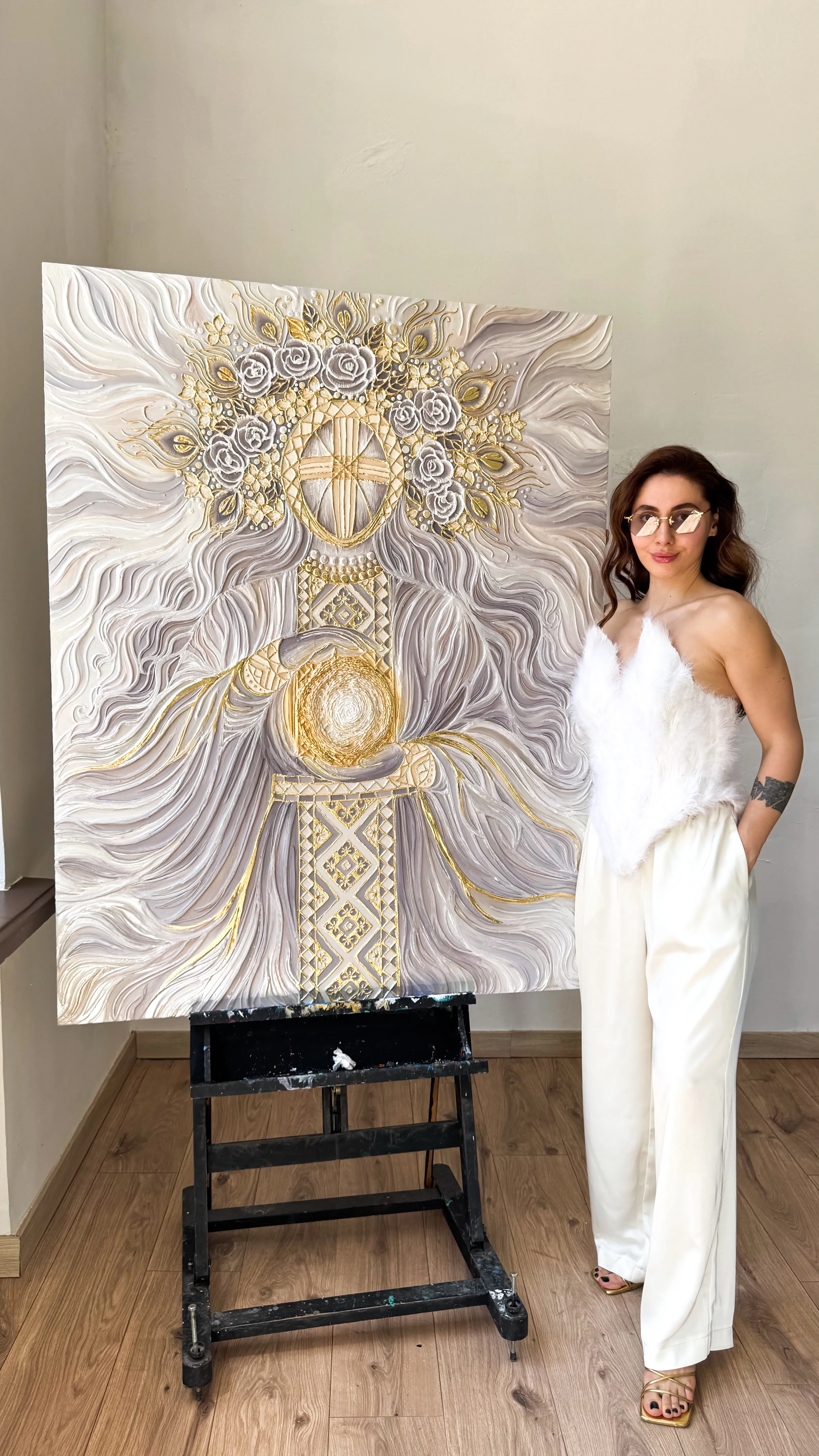 Image of Світло крізь грозу  by Kateryna Zubik, size: 110х140 см , made of Мдф, текстурна паста, епоксидна смола, акрил, поталь, Mixed media medium, from Украіна, Львів, part of the Мотанка series Photo 2 of 16.