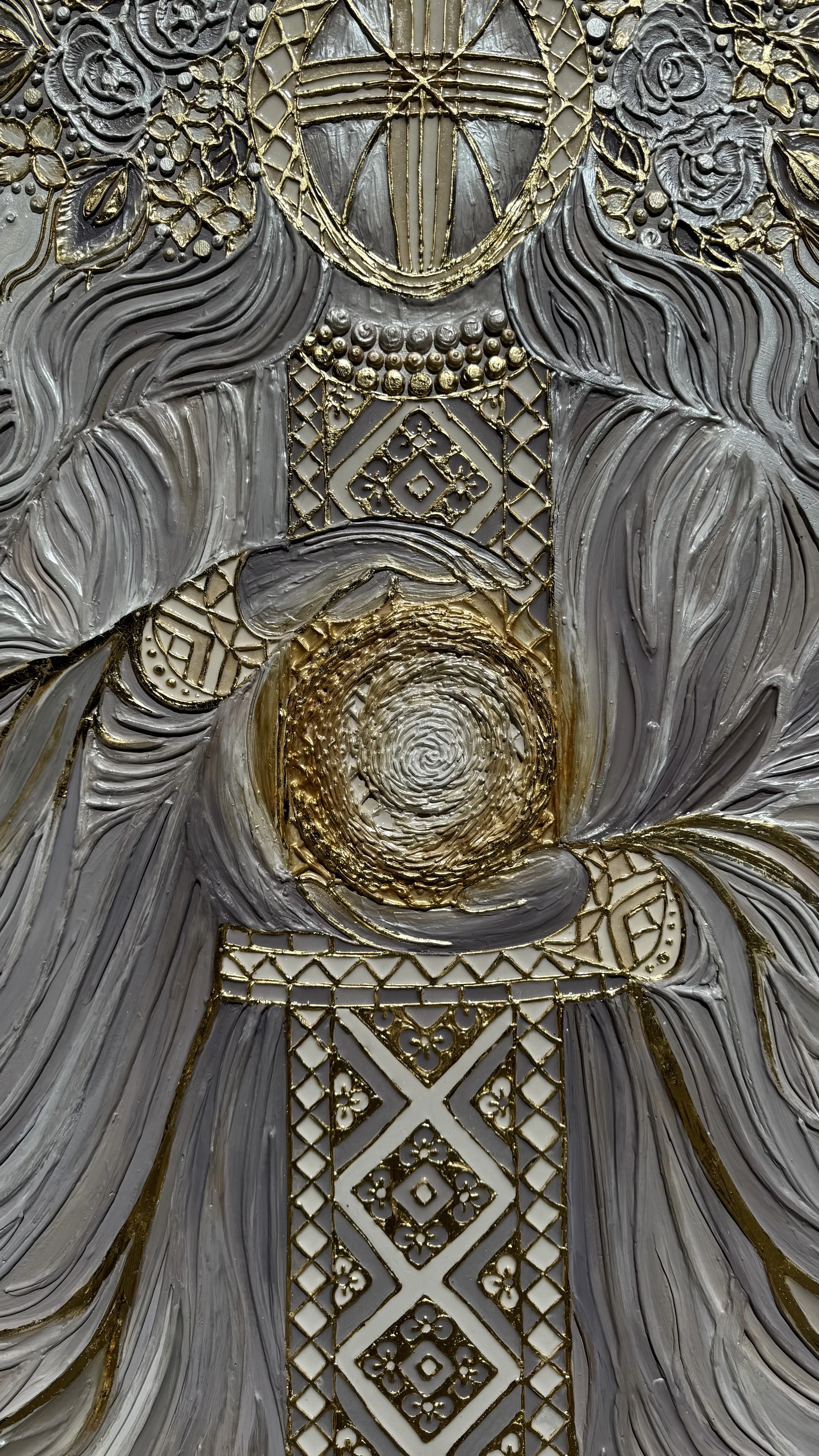 Image of Світло крізь грозу  by Kateryna Zubik, size: 110х140 см , made of Мдф, текстурна паста, епоксидна смола, акрил, поталь, Mixed media medium, from Украіна, Львів, part of the Мотанка series Photo 16 of 16.