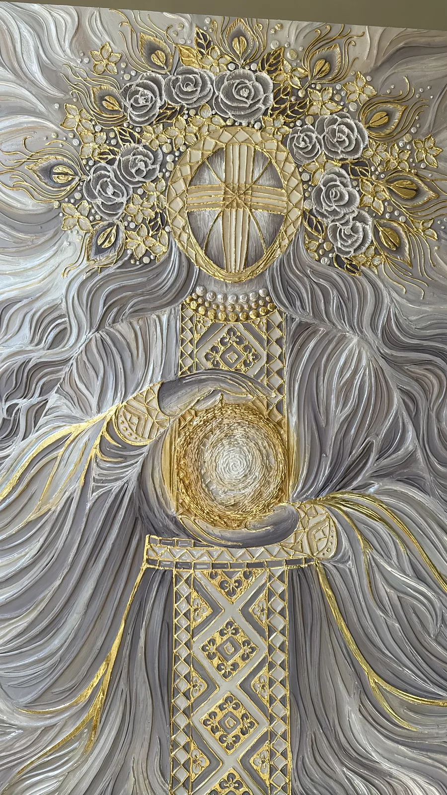 Image of Світло крізь грозу  by Kateryna Zubik, size: 110х140 см , made of Мдф, текстурна паста, епоксидна смола, акрил, поталь, Mixed media medium, from Украіна, Львів, part of the Мотанка series Photo 11 of 16.