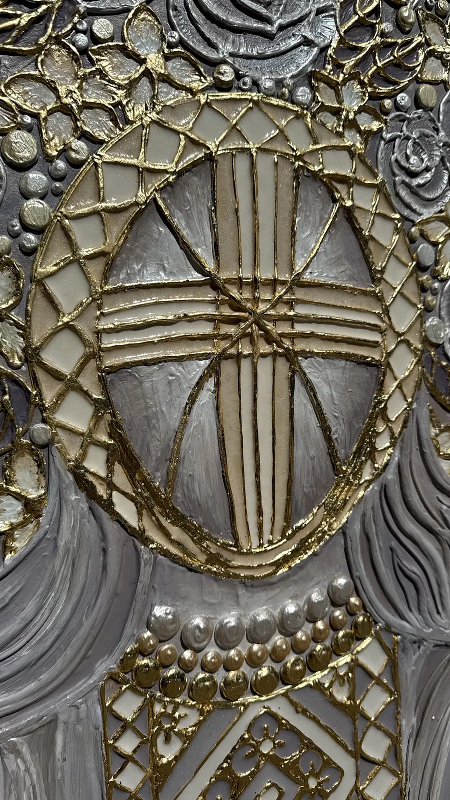 Image of Світло крізь грозу  by Kateryna Zubik, size: 110х140 см , made of Мдф, текстурна паста, епоксидна смола, акрил, поталь, Mixed media medium, from Украіна, Львів, part of the Мотанка series Photo 12 of 16.