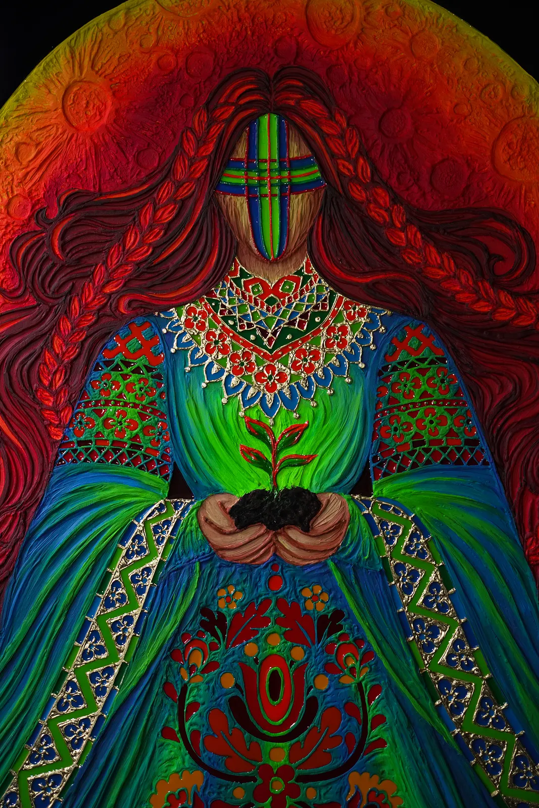 Image of Земля by Kateryna Zubik, size: 120х150 см , made of Мдф, текстурна паста, епоксидна смола, акрил, поталь, Mixed media medium, from Україна, Львів, part of the Мотанка series Photo 5 of 8.