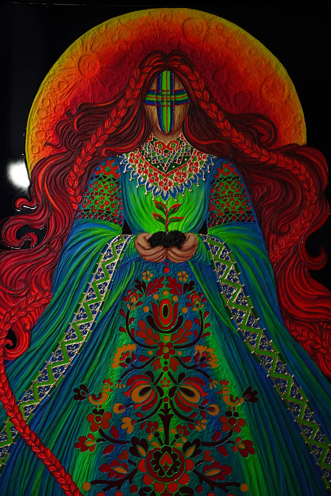 Image of Земля by Kateryna Zubik, size: 120х150 см , made of Мдф, текстурна паста, епоксидна смола, акрил, поталь, Mixed media medium, from Україна, Львів, part of the Мотанка series Photo 6 of 8.