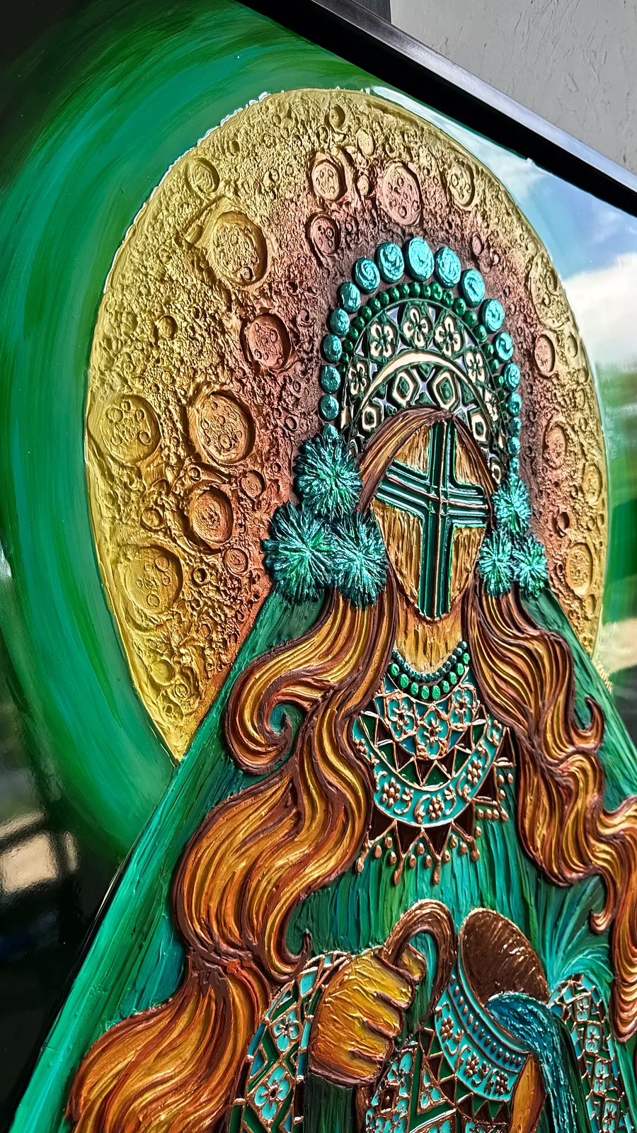 Image of Файний урожай  by Kateryna Zubik, size: 85х105, made of Мдф, текстурна паста, епоксидна смола, акрил, поталь, картина оформлена в деревʼяну раму , Mixed media medium, from Україна, Львів, part of the Мотанка series, priced at $1275 (≈ 57,121 грн) Photo 3 of 8.