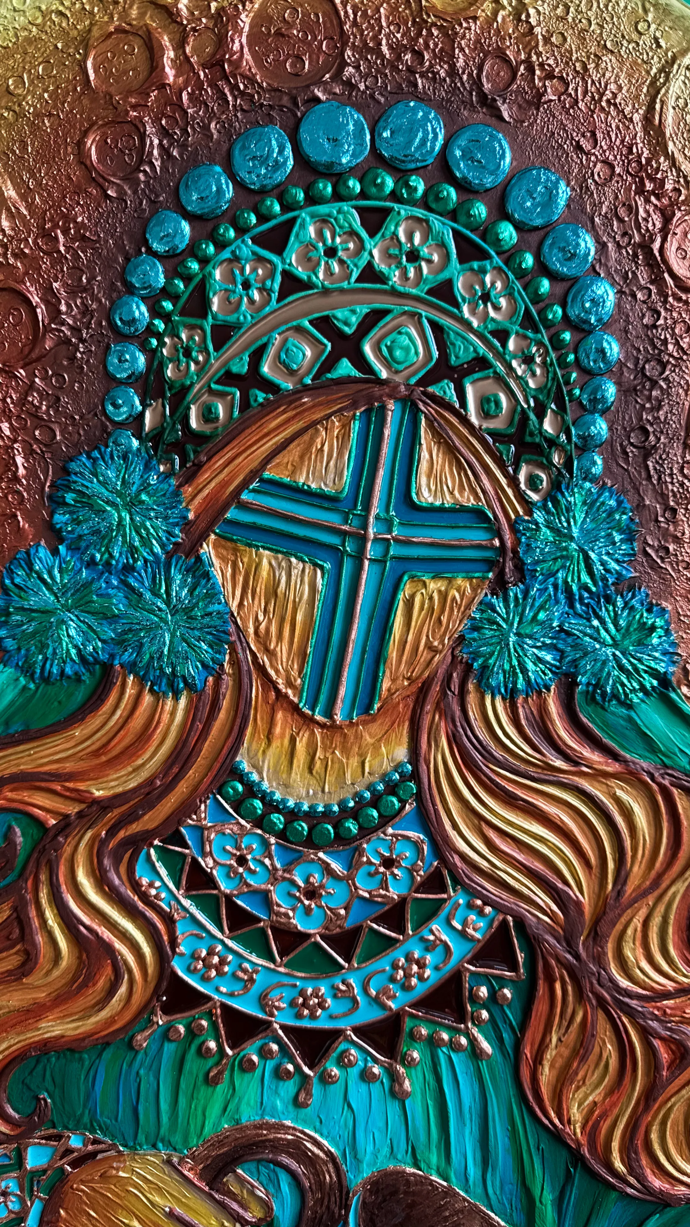 Image of Файний урожай  by Kateryna Zubik, size: 85х105, made of Мдф, текстурна паста, епоксидна смола, акрил, поталь, картина оформлена в деревʼяну раму , Mixed media medium, from Україна, Львів, part of the Мотанка series, priced at $1275 (≈ 57,121 грн) Photo 6 of 8.