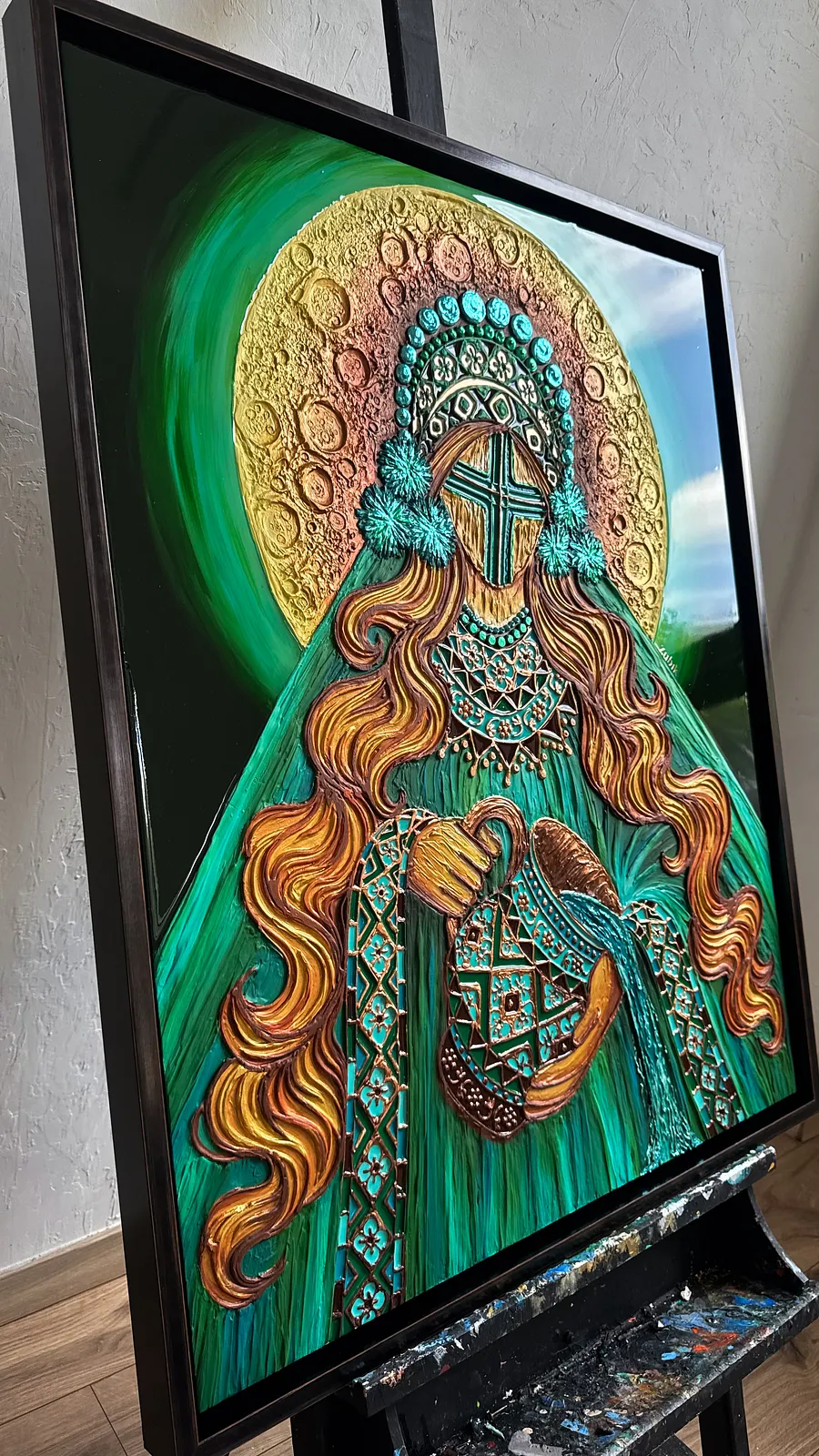 Image of Файний урожай  by Kateryna Zubik, size: 85х105, made of Мдф, текстурна паста, епоксидна смола, акрил, поталь, картина оформлена в деревʼяну раму , Mixed media medium, from Україна, Львів, part of the Мотанка series, priced at $1275 (≈ 57,121 грн) Photo 2 of 8.